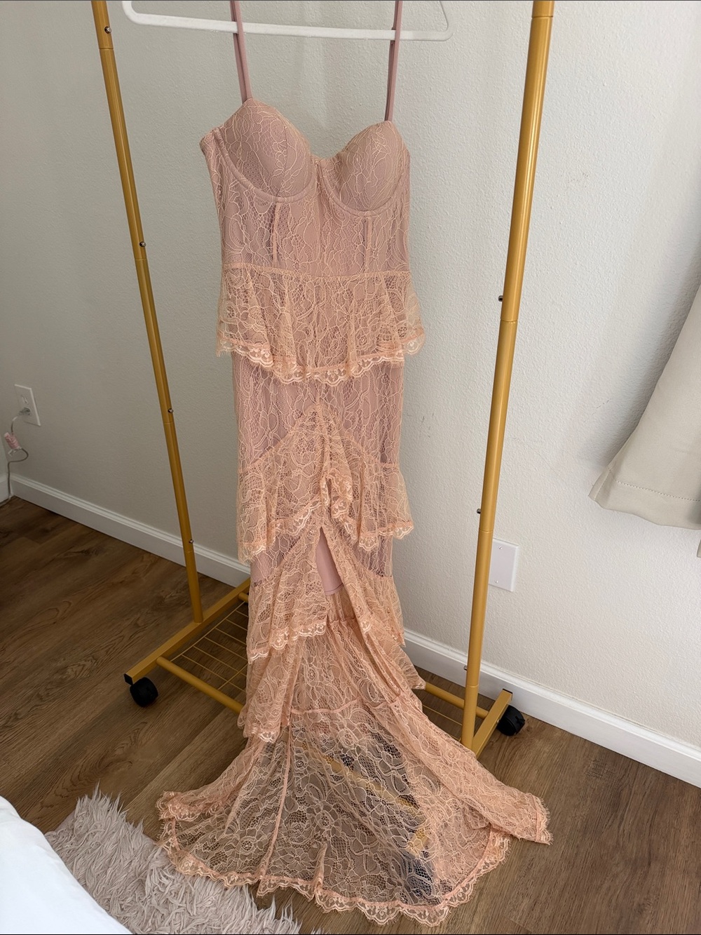 MAJORELLE Blush Pink Lace Zelda Fitz Gown